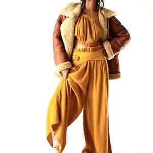 Free People Lou Lou Set Golden Syrup Puff Top Buckle Pants
